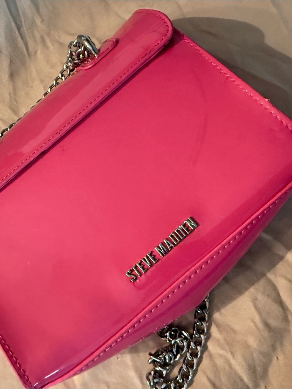 Steve Madden Hot Pink Jeweled Patent Crossbody with Silver Chain - Picture 3 of 5